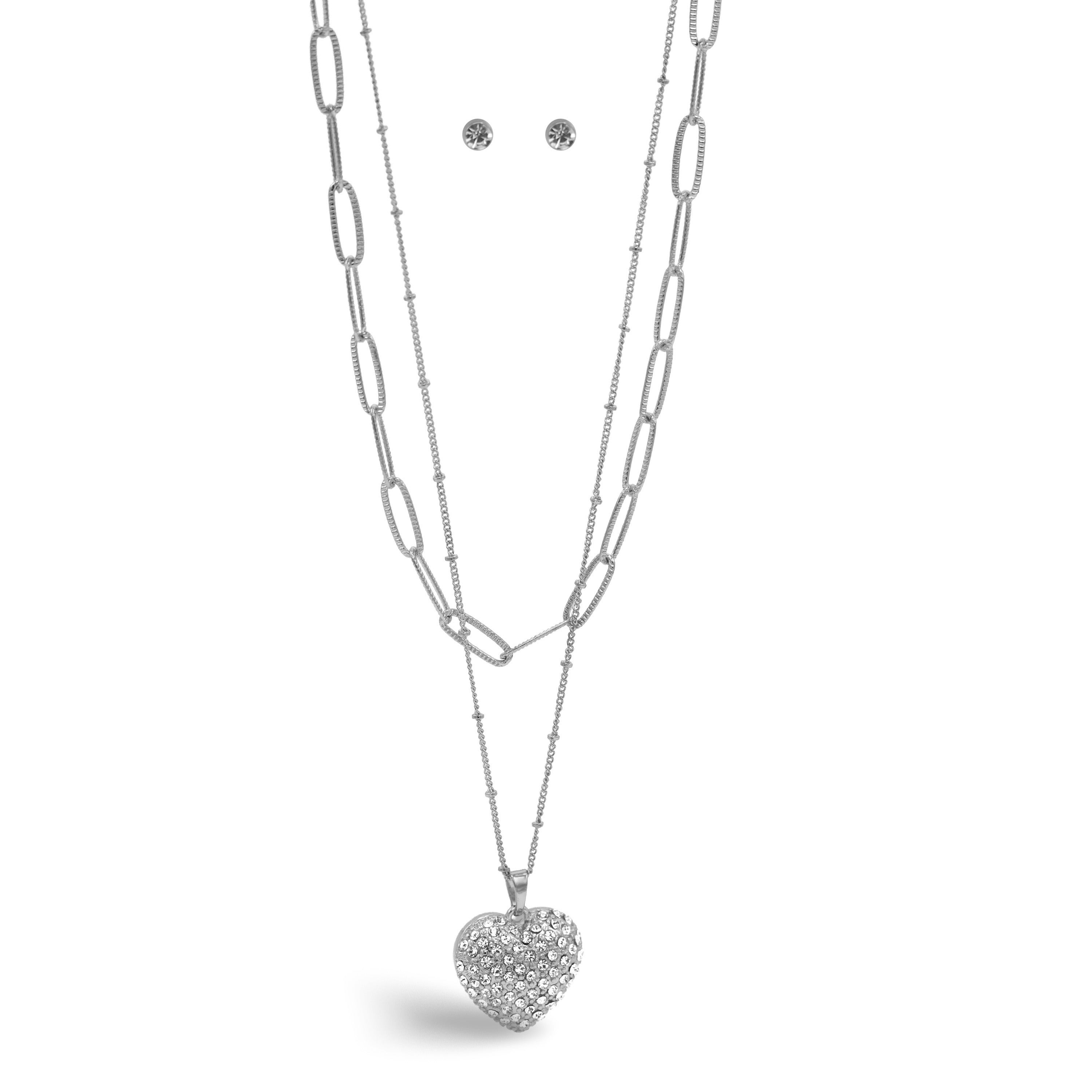 Rhodium Heart Crystal Pendant Necklace And Earrings Set#HNN+E90640(RC22/SF7)