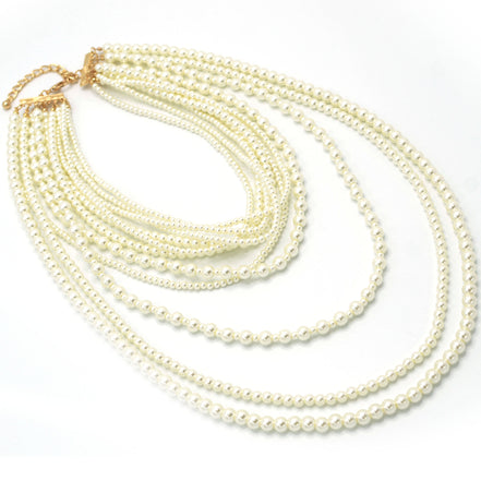 Gold Cream Pearl Multi-Row Layer Necklace #HNN90626GD (DA1)