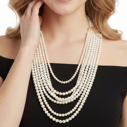 Gold Cream Pearl Multi-Row Layer Necklace #HNN90626GD (DA1)