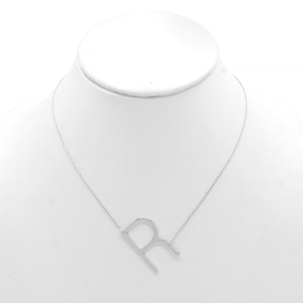 SILVER LETTER R INITIAL CHARM NECKLACE  # HNN90628R Rhodium(OE8)