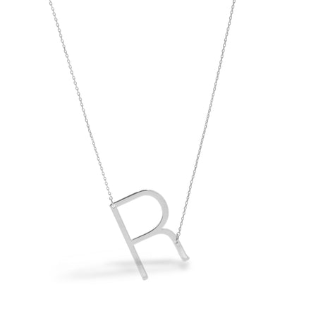 SILVER LETTER R INITIAL CHARM NECKLACE  # HNN90628R Rhodium(OE8)