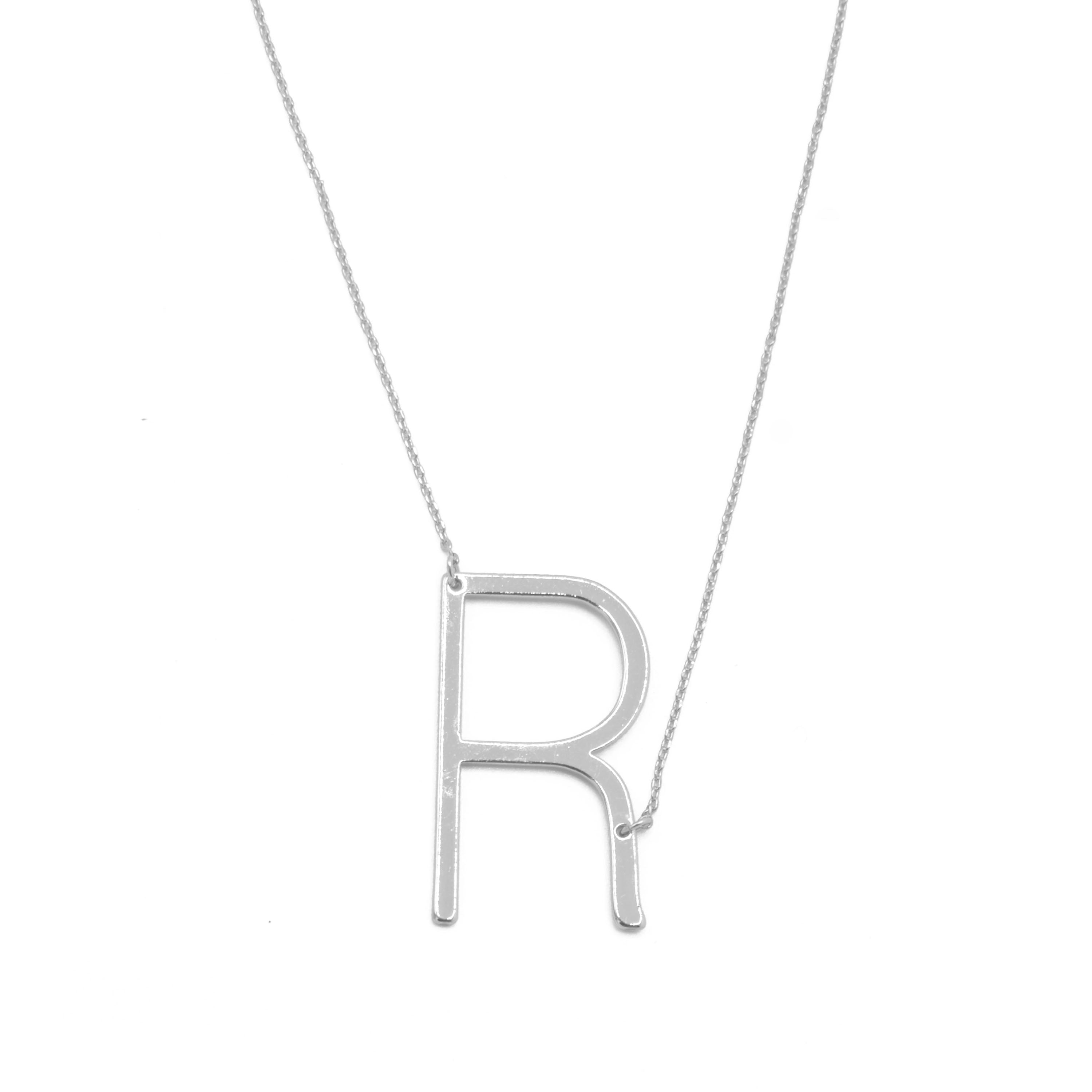SILVER LETTER R INITIAL CHARM NECKLACE  # HNN90628R Rhodium(OE8)