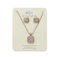 Two-Tone Rose Crystal  Square Pendant Necklace And Earrings Set#JJSET-1959RO(AF22)