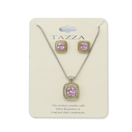 Two-Tone Rose Crystal  Square Pendant Necklace And Earrings Set#JJSET-1959RO(AF22)
