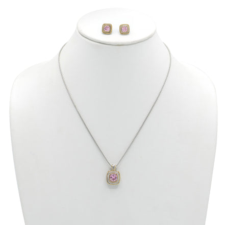 Two-Tone Rose Crystal  Square Pendant Necklace And Earrings Set#JJSET-1959RO(AF22)