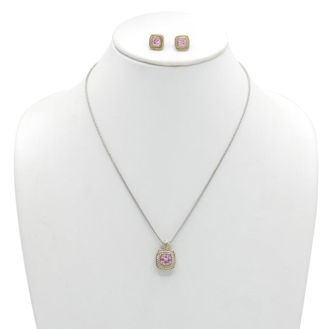 Two-Tone Rose Crystal  Square Pendant Necklace And Earrings Set#JJSET-1959RO(AF22)