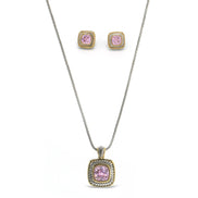 Two-Tone Rose Crystal  Square Pendant Necklace And Earrings Set#JJSET-1959RO(AF22)
