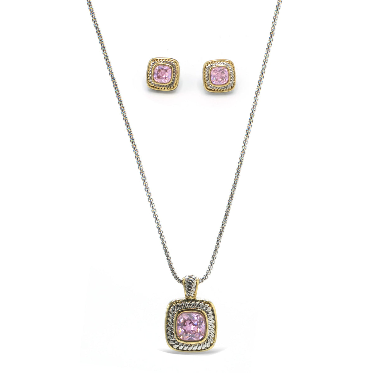 Two-Tone Rose Crystal  Square Pendant Necklace And Earrings Set#JJSET-1959RO(AF22)