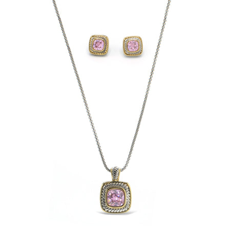 Two-Tone Rose Crystal  Square Pendant Necklace And Earrings Set#JJSET-1959RO(AF22)