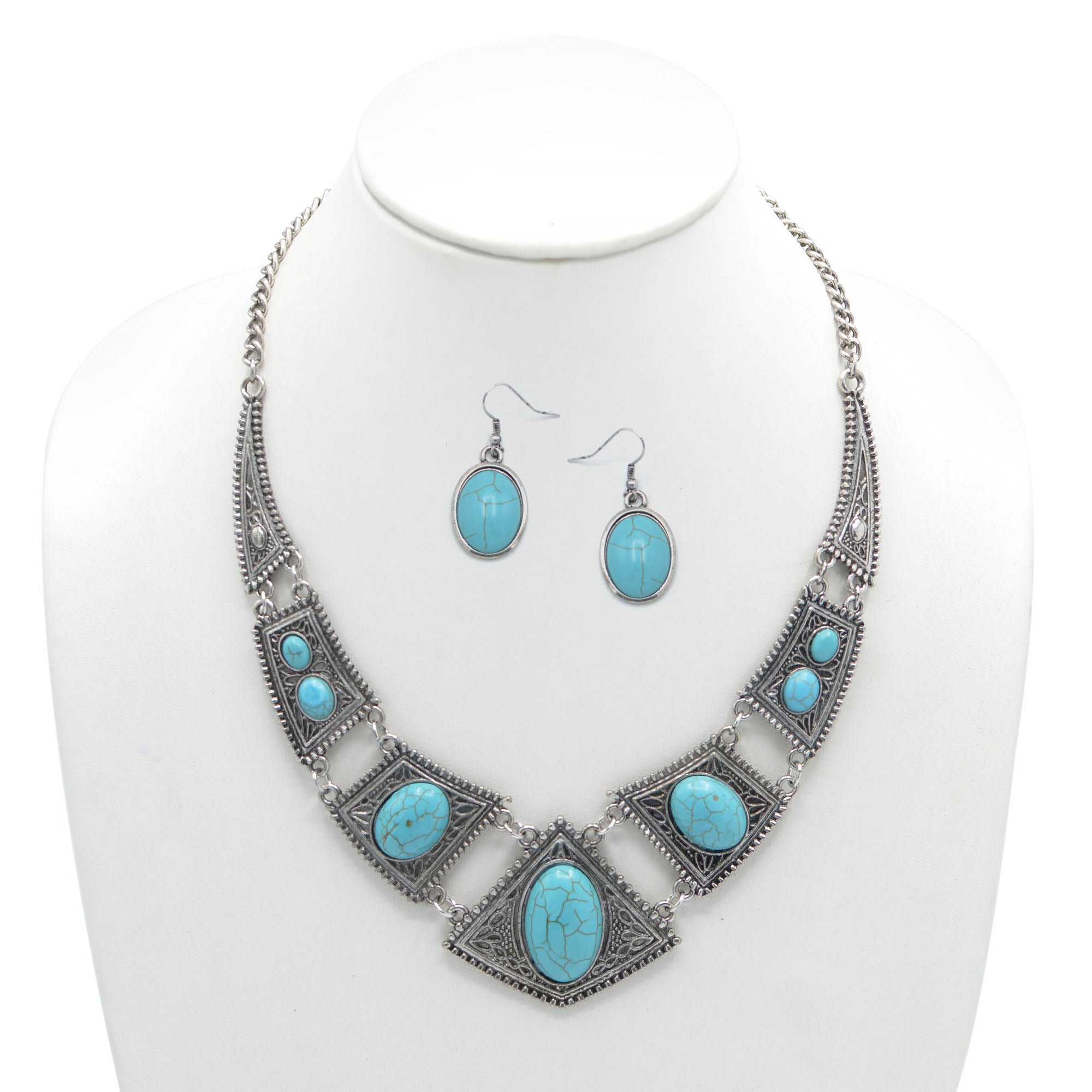 OXIDIZE SILVER TURQUOISE EARRINGS AND NECKLACE SET#HNN+E1399S/TQ(LC26)