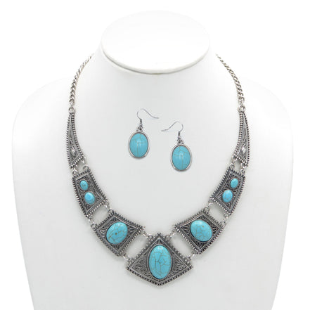 OXIDIZE SILVER TURQUOISE EARRINGS AND NECKLACE SET#HNN+E1399S/TQ(LC26)