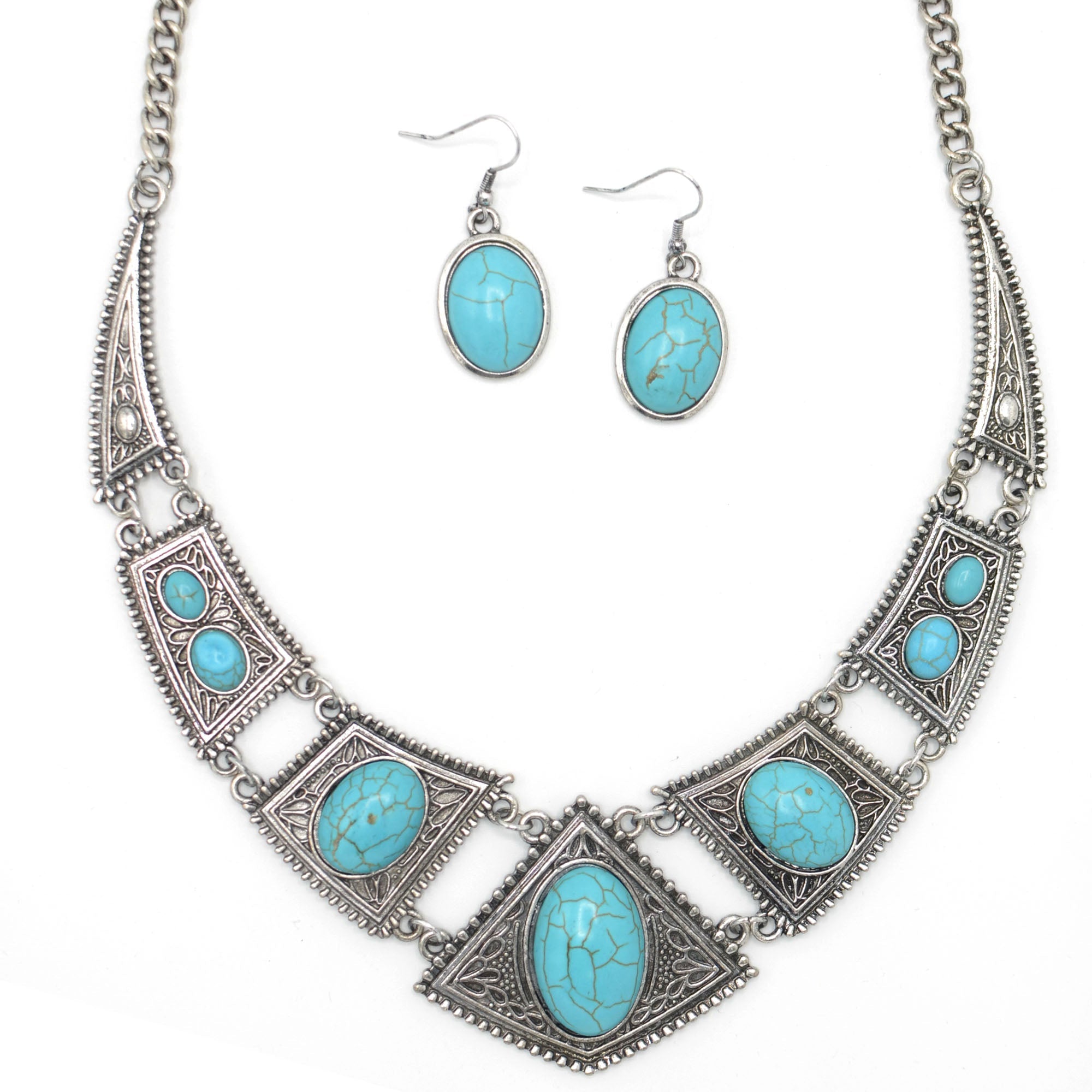 OXIDIZE SILVER TURQUOISE EARRINGS AND NECKLACE SET#HNN+E1399S/TQ(LC26)