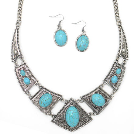 OXIDIZE SILVER TURQUOISE EARRINGS AND NECKLACE SET#HNN+E1399S/TQ(LC26)