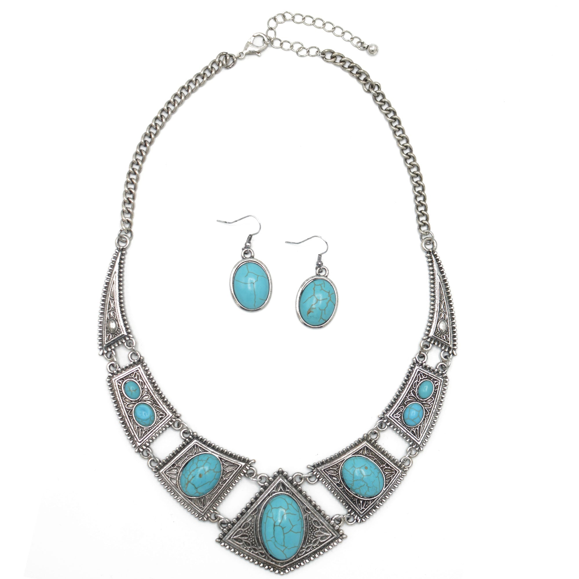 OXIDIZE SILVER TURQUOISE EARRINGS AND NECKLACE SET#HNN+E1399S/TQ(LC26)