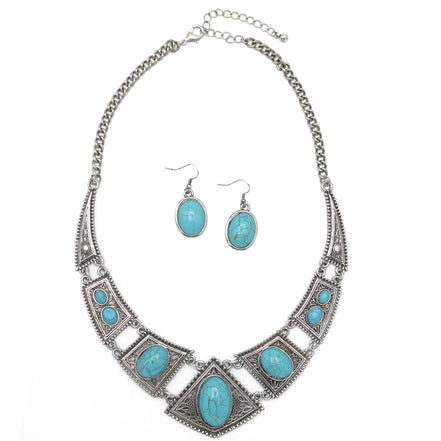 OXIDIZE SILVER TURQUOISE EARRINGS AND NECKLACE SET#HNN+E1399S/TQ(LC26)