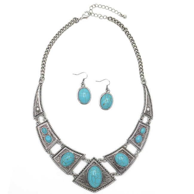 OXIDIZE SILVER TURQUOISE EARRINGS AND NECKLACE SET#HNN+E1399S/TQ(LC26)