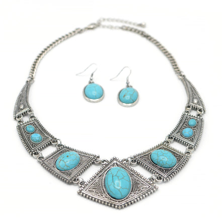 OXIDIZE SILVER TURQUOISE EARRINGS AND NECKLACE SET#HNN+E1399S/TQ(LC26)