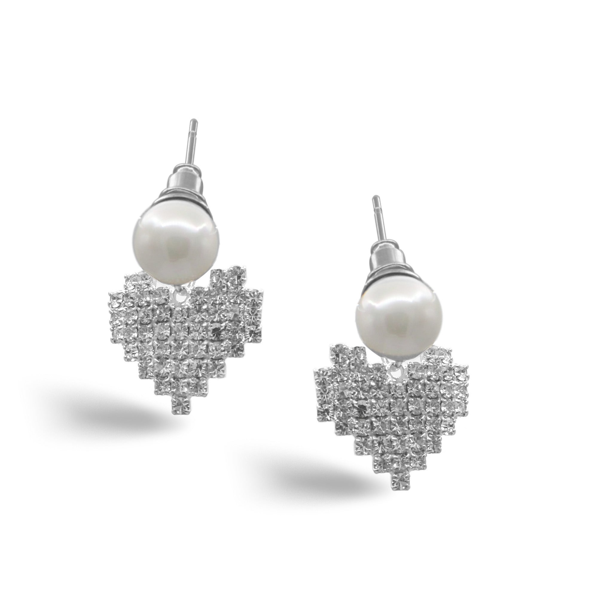 SILVER RHINESTONES HEART AND PEARL STUD EARRINGS # HNE90620R Rhodium