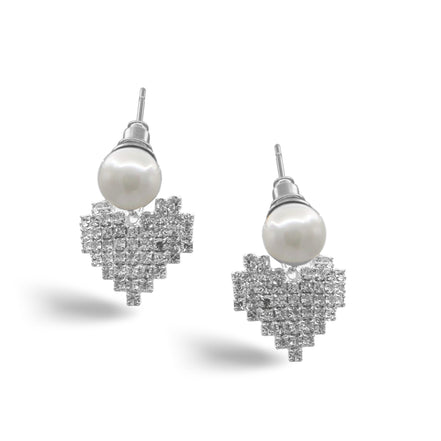 SILVER RHINESTONES HEART AND PEARL STUD EARRINGS # HNE90620R Rhodium