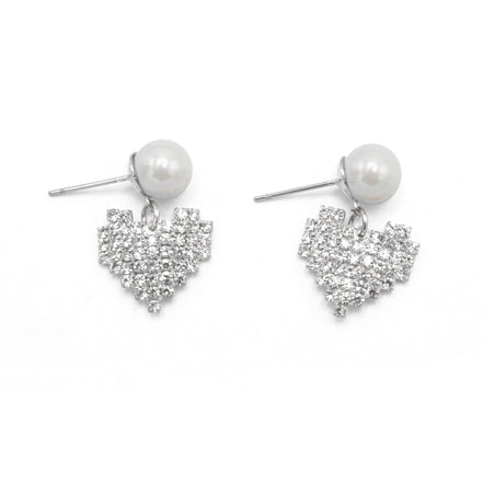 SILVER RHINESTONES HEART AND PEARL STUD EARRINGS # HNE90620R Rhodium