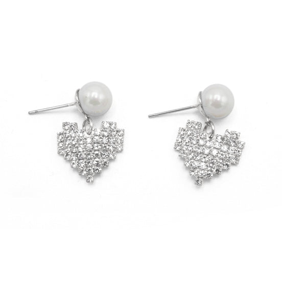 SILVER RHINESTONES HEART AND PEARL STUD EARRINGS # HNE90620R Rhodium