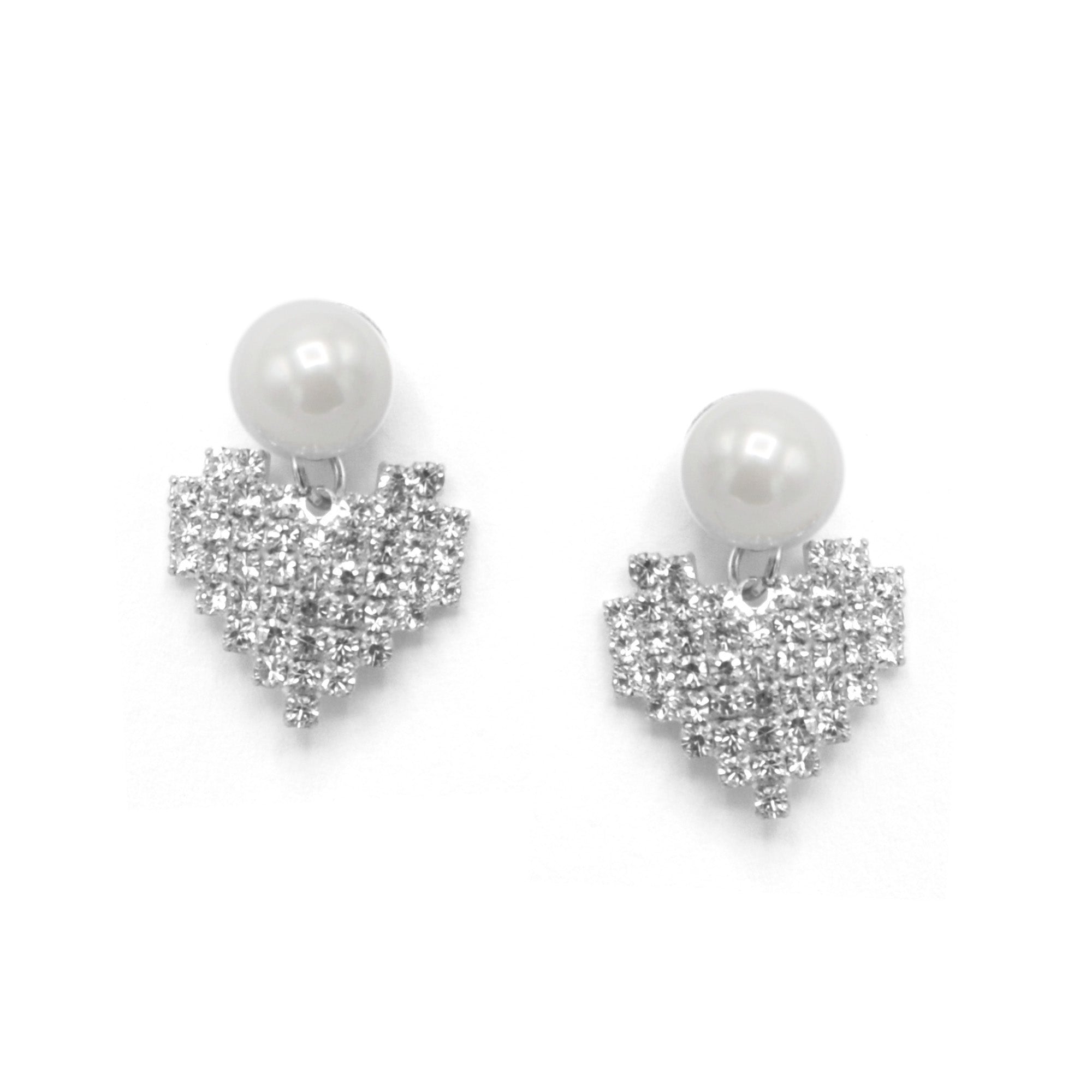 SILVER RHINESTONES HEART AND PEARL STUD EARRINGS # HNE90620R Rhodium