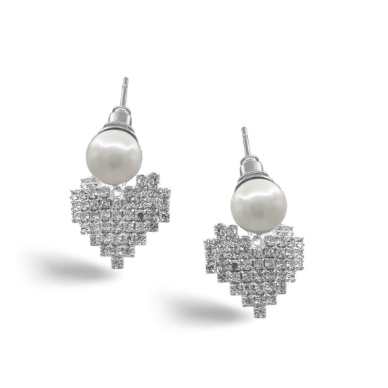 SILVER RHINESTONES HEART AND PEARL STUD EARRINGS # HNE90620R Rhodium