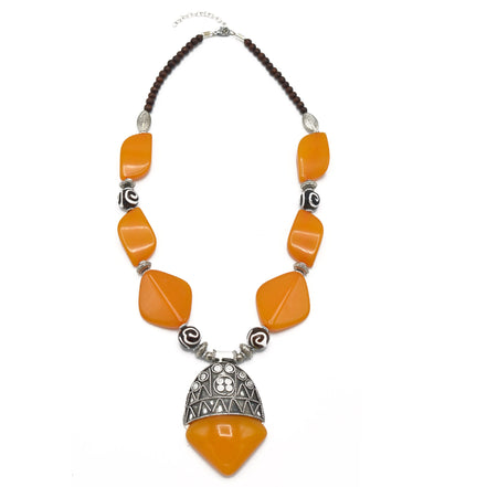 SILVER AMBER AND BROWN RESIN BEADS NECKLACE#FWNK-2109-01(IG2)