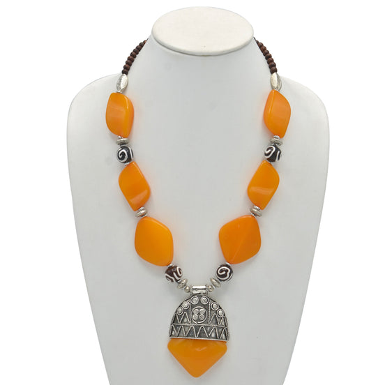 SILVER AMBER AND BROWN RESIN BEADS NECKLACE#FWNK-2109-01(IG2)
