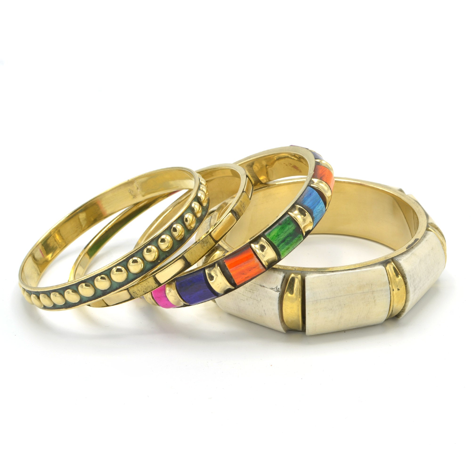 GOLD BRASS WOOD AND RESIN 4 PCS MULTICOLOR BANGLE SET#FWNK-2109-12