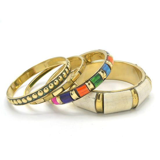 GOLD BRASS WOOD AND RESIN 4 PCS MULTICOLOR BANGLE SET#FWNK-2109-12