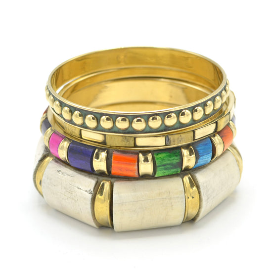 GOLD BRASS WOOD AND RESIN 4 PCS MULTICOLOR BANGLE SET#FWNK-2109-12