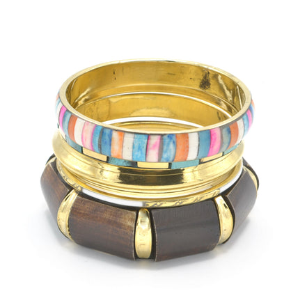 GOLD BRASS WOOD AND RESIN MULTICOLOR 4 PCS BANGLE SET#FWNK-2109-17(EA3)