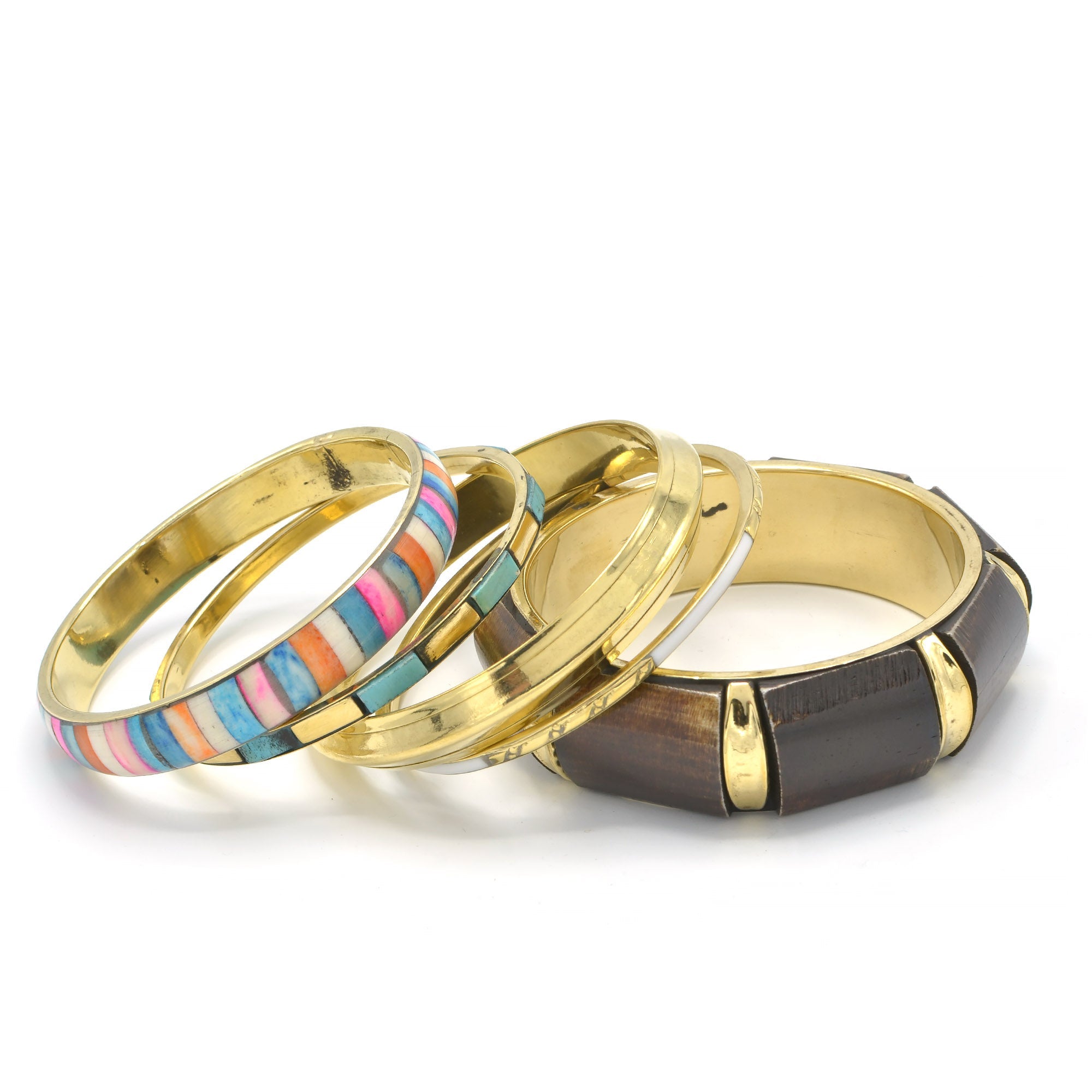 GOLD BRASS WOOD AND RESIN MULTICOLOR 4 PCS BANGLE SET#FWNK-2109-17(EA3)