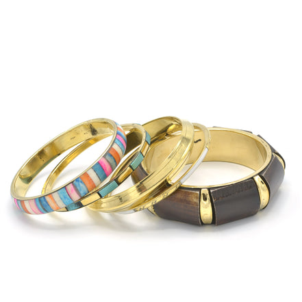 GOLD BRASS WOOD AND RESIN MULTICOLOR 4 PCS BANGLE SET#FWNK-2109-17(EA3)