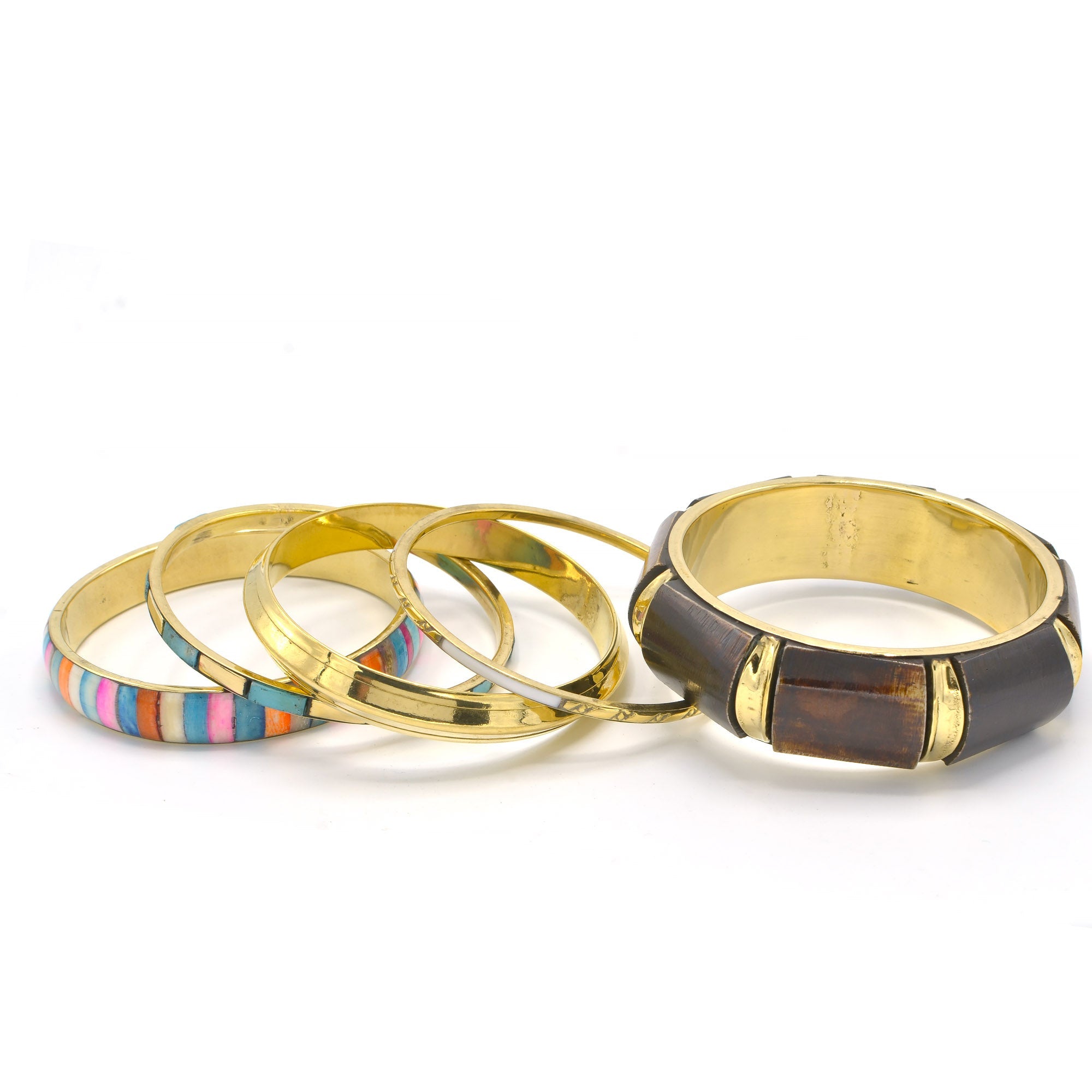 GOLD BRASS WOOD AND RESIN MULTICOLOR 4 PCS BANGLE SET#FWNK-2109-17(EA3)