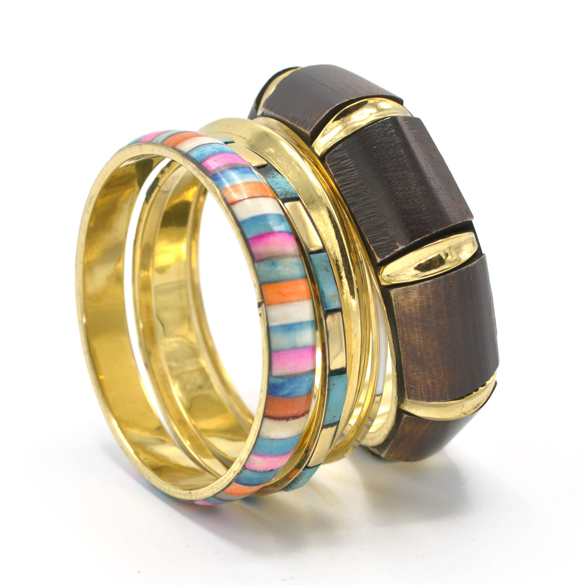 GOLD BRASS WOOD AND RESIN MULTICOLOR 4 PCS BANGLE SET#FWNK-2109-17(EA3)
