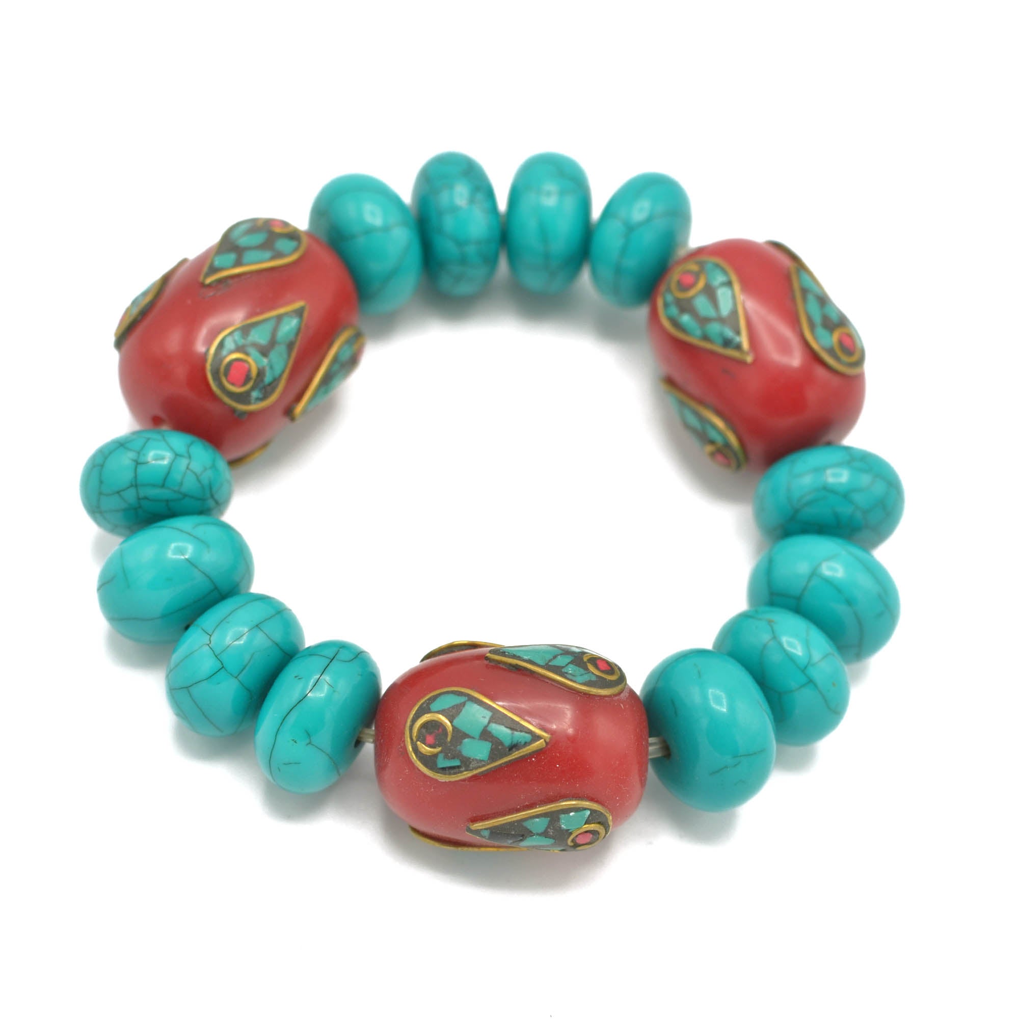 TURQUOISE AND CORAL BEADS MEMORY WITE STRETCH BRACELET #FWNK-2109-26-BRC
