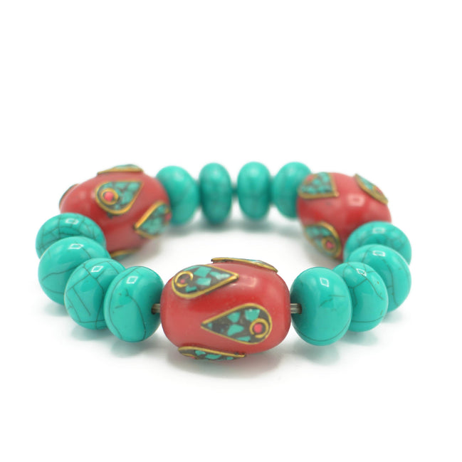 TURQUOISE AND CORAL BEADS MEMORY WITE STRETCH BRACELET #FWNK-2109-26-BRC