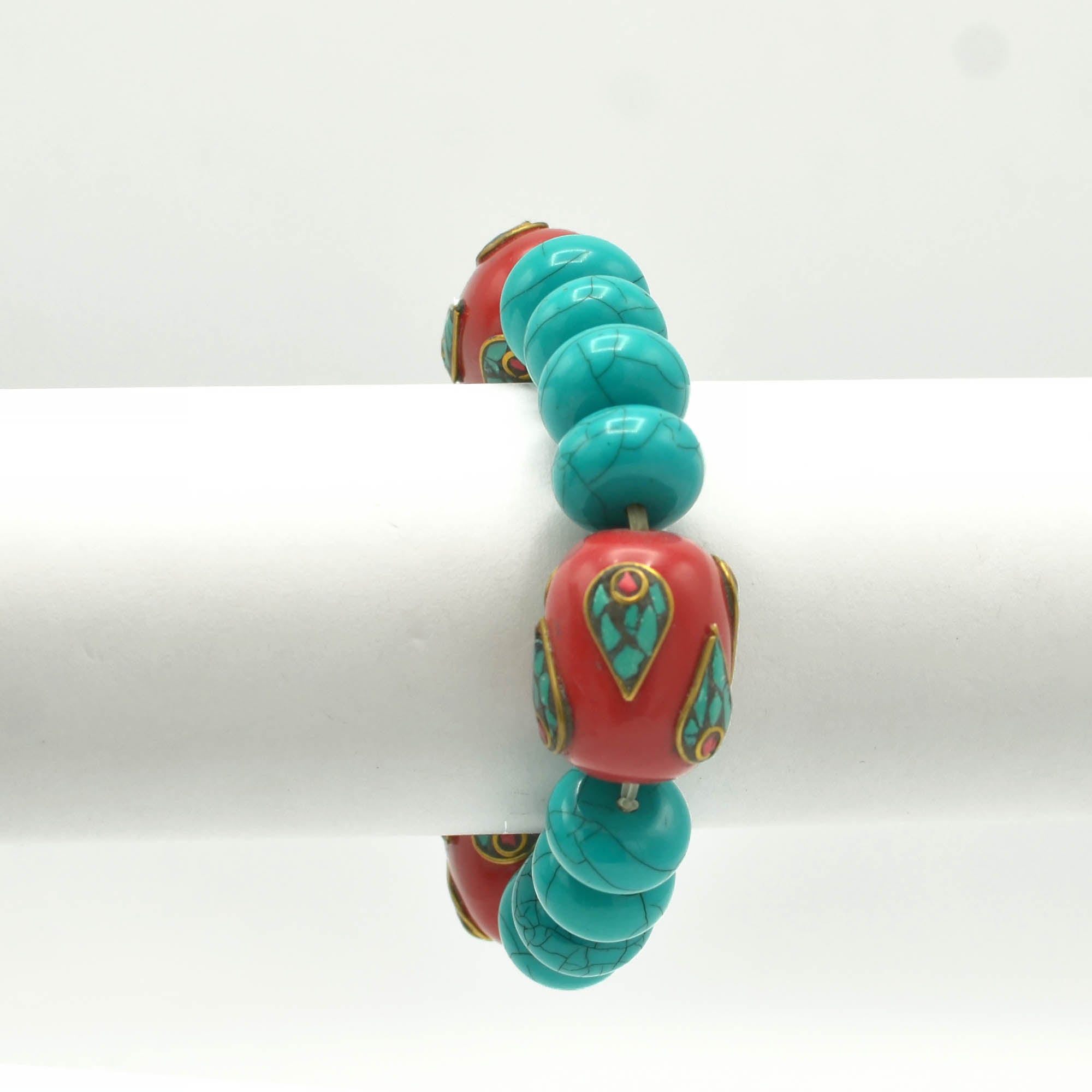 TURQUOISE AND CORAL BEADS MEMORY WITE STRETCH BRACELET #FWNK-2109-26-BRC