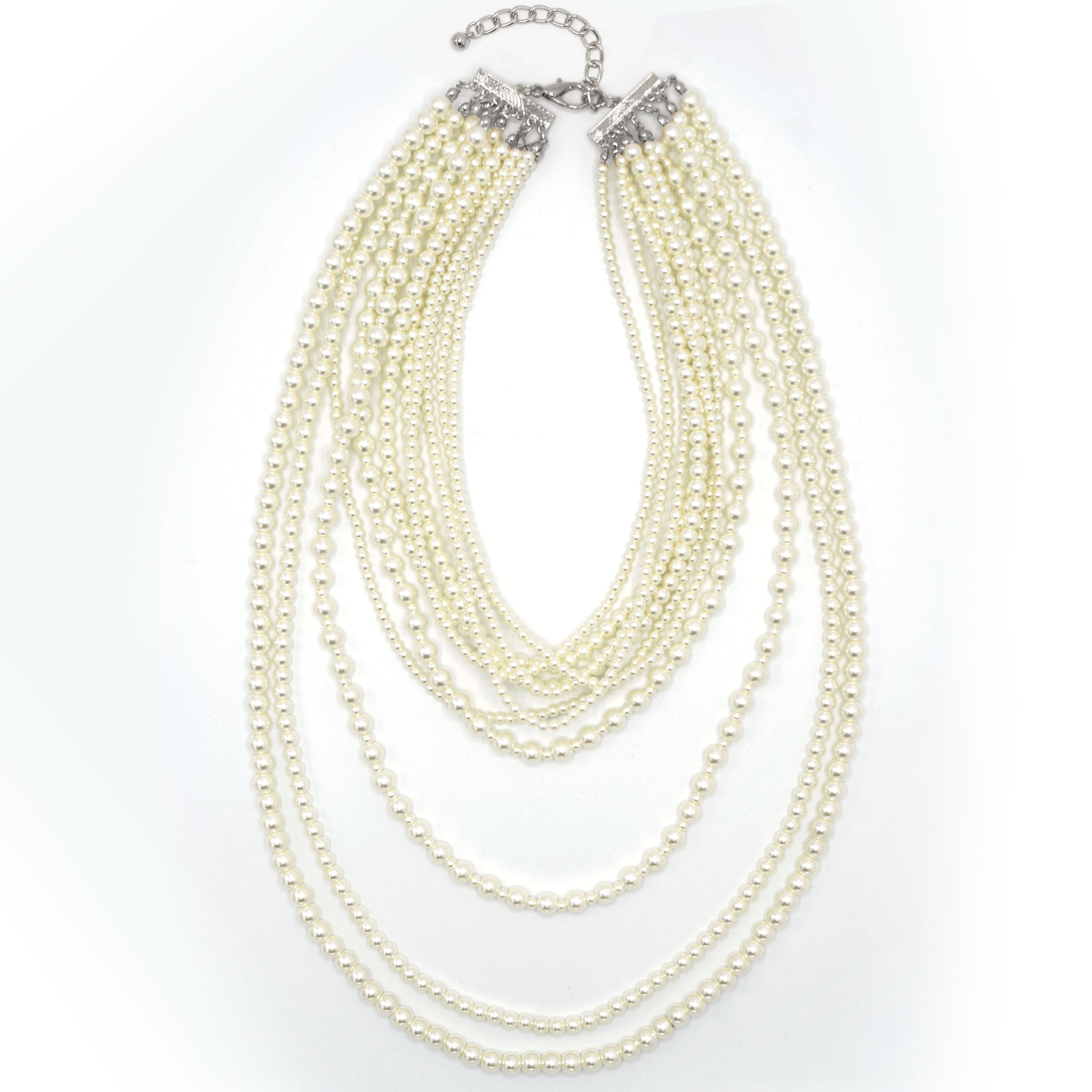 Silver Cream Pearl Multi-Row Layer Necklace # HNN90626RC(JA7)