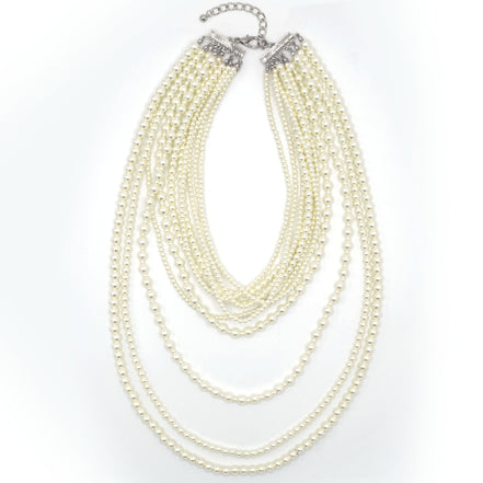 Silver Cream Pearl Multi-Row Layer Necklace # HNN90626RC(JA7)