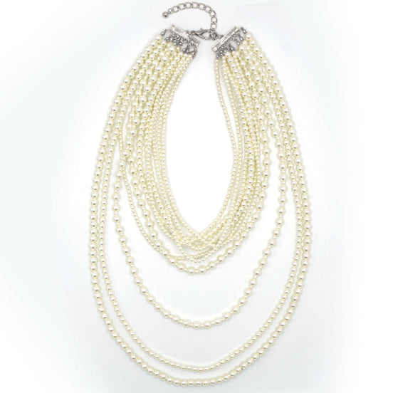 Silver Cream Pearl Multi-Row Layer Necklace # HNN90626RC(JA7)