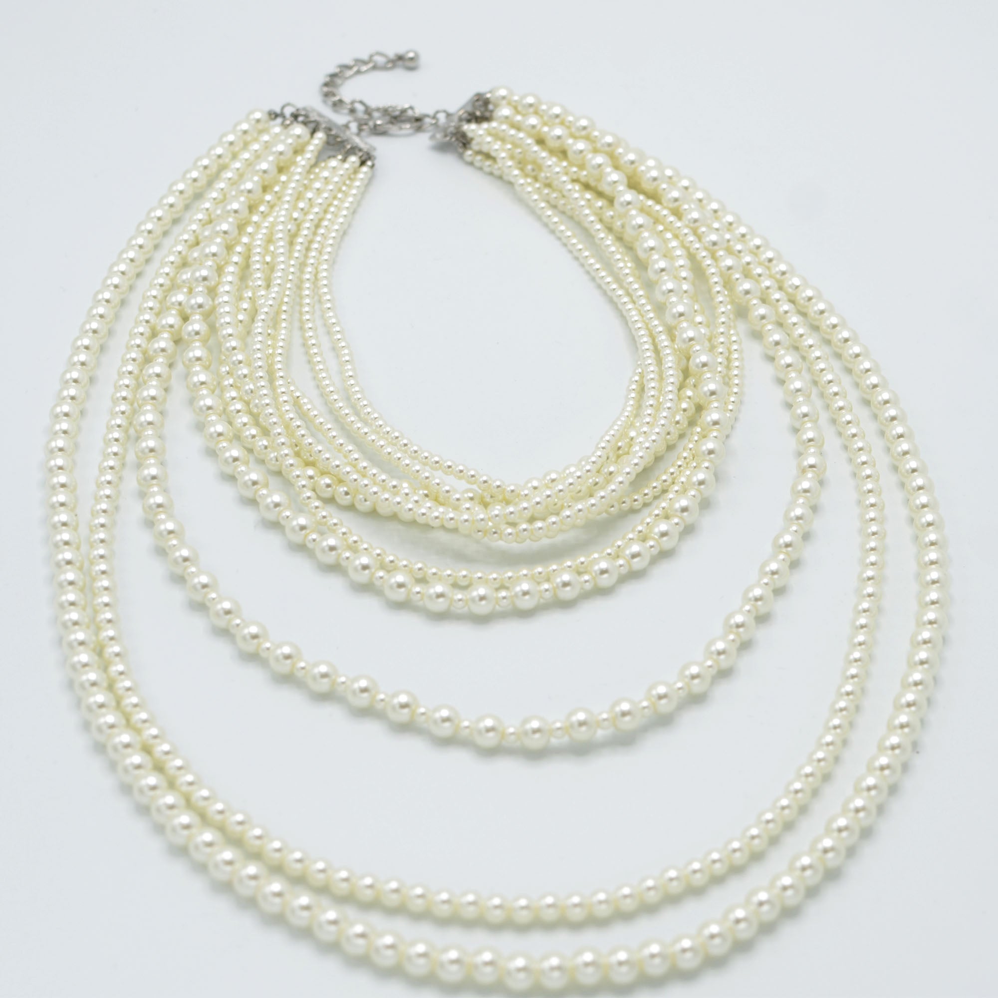 Silver Cream Pearl Multi-Row Layer Necklace # HNN90626RC(JA7)
