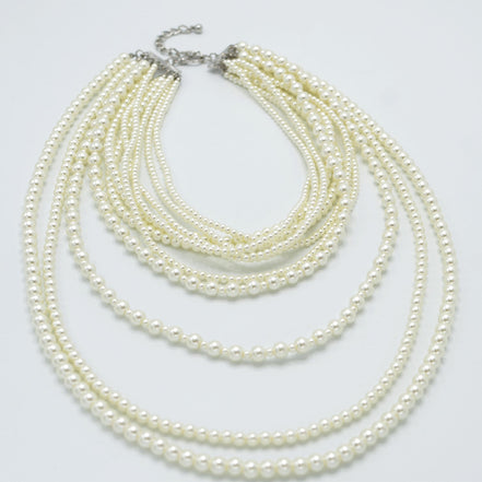 Silver Cream Pearl Multi-Row Layer Necklace # HNN90626RC(JA7)
