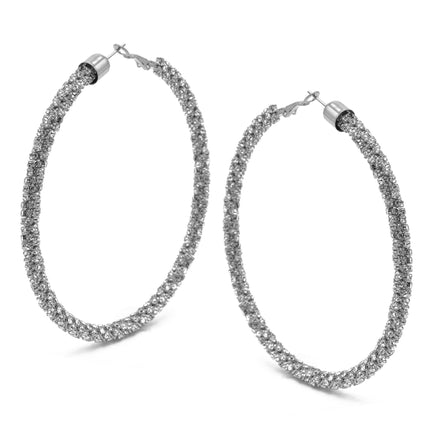 Rhodium Rhinestone Wrapped Hoop Earrings – 3" Statement Hoops# HNE90638RC Rhodium/Crystal(HE1)