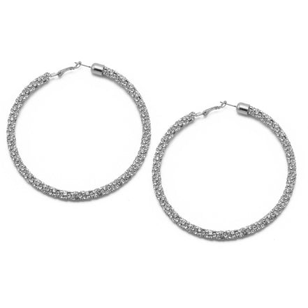 Rhodium Rhinestone Wrapped Hoop Earrings – 3" Statement Hoops# HNE90638RC Rhodium/Crystal(HE1)