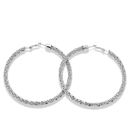 Rhodium Rhinestone Wrapped Hoop Earrings – 3" Statement Hoops# HNE90638RC Rhodium/Crystal(HE1)