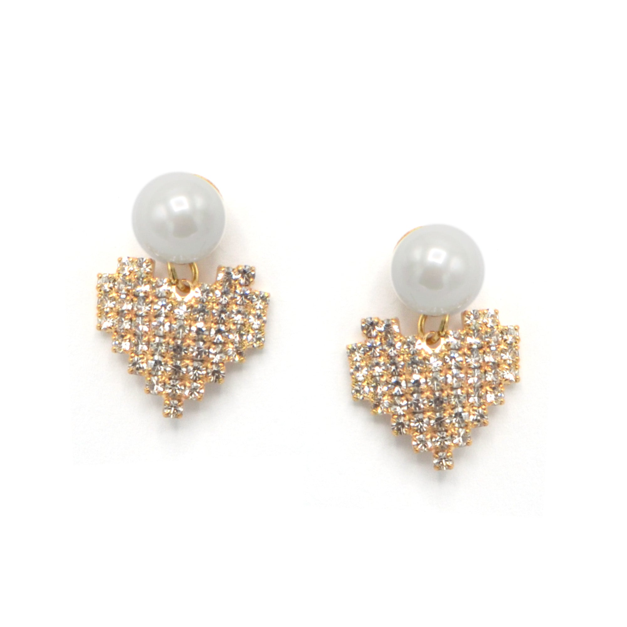 GOLD RHINESTONES HEART PEARL STUD EARRINGS #HNE90620GD Gold