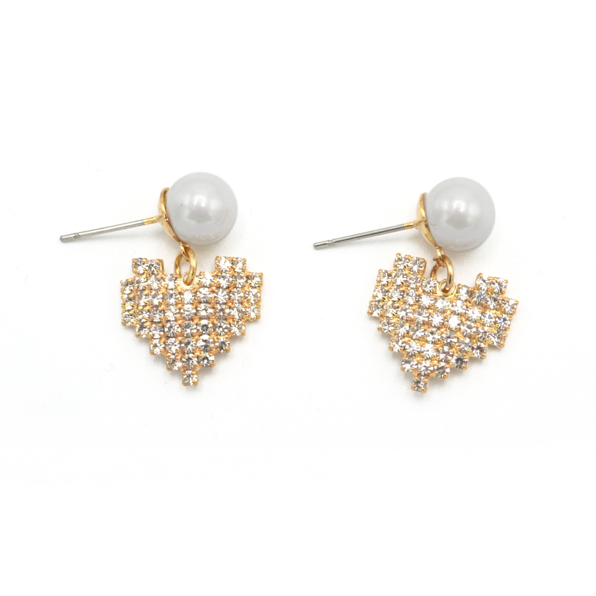 GOLD RHINESTONES HEART PEARL STUD EARRINGS #HNE90620GD Gold